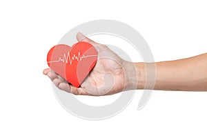 man hand holding red heart with cardiogram,health care concept, isolated on a white background with clipping path