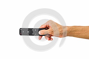 Man hand holding remote control isolated on white background