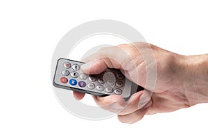 Man hand holding a remote control isolated white background.