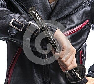 Man hand holding samurai sword on white background, Leather jack