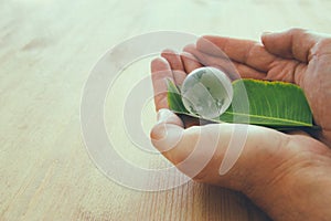 man hand holding small earth globe and Green Leaf, Earth day concept. giving and health concpet.
