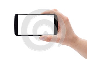 A man hand holding smart phone making photo isolated on white background.