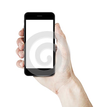 Man hand holding a smartphone with blank screen.