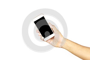 Man hand holding smartphone isolated on white background . Mobile phone on human hand. Cell phone with bank blank touch screen