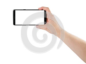 Man hand holding smartphone with white screen isolated on white