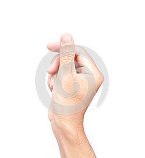 Man hand holding something on white background for text card pap