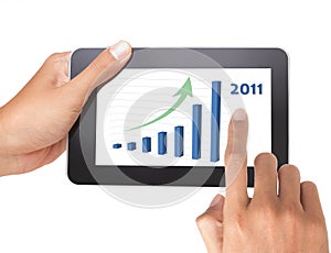 Man hand holding a touch tablet of growing chart