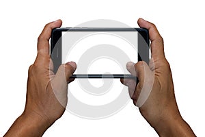 Man hand holding and using mobile,cell phone,smart phone with isolated screen on white background.