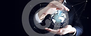 Man hand holding virtual sphere globe