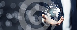 Man hand holding virtual sphere globe