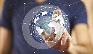 Man hand holding virtual sphere globe