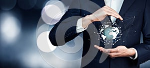 Man hand holding virtual sphere globe