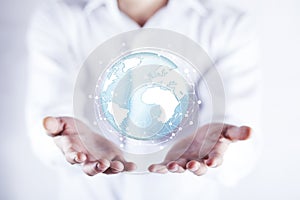 Man hand holding virtual sphere globe