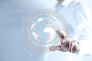 Man hand holding virtual sphere globe