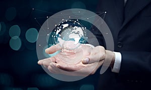 Man hand holding virtual sphere globe