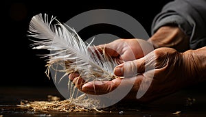 A man hand holds a feather, symbolizing nature fragility generated by AI