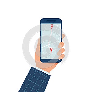 Man Hand holds smartphone with city map gps navigator on smartphone screen. Mobile navigation concept. Modern simple flat design