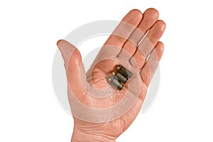 Man hand holds three bullets on an open palm. Isolated closeup on white background. Concept of crime investigation, ballistics or photo