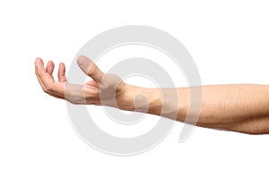 Man hand isolated. Hold, grab or catch