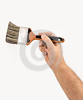 Man hand on isolated white background, painting with professional brush, painter on isolated white background