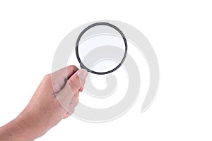 Man hand with magnifying glass holding classic styled isolated