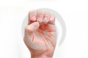 Man hand manicure close up view on white background