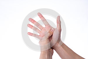 Man hand massaging his hand isolated white background. Medical, healthcare for advertising concept