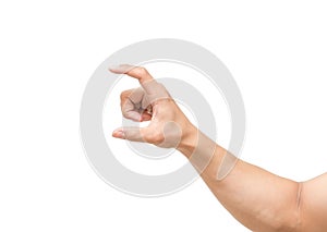 Man hand measuring invisible items on white background, include clipping path