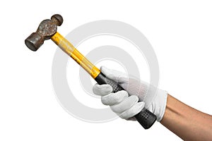 Man hand with old hammer isolated on white