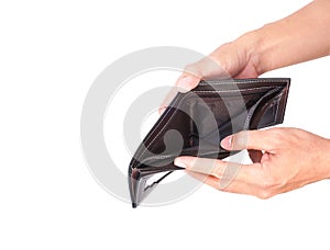 Man hand open an empty wallet isolated on white background with
