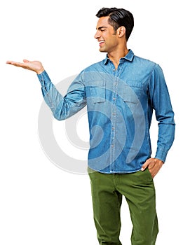 Man With Hand In Pocket Holding Invisible Product