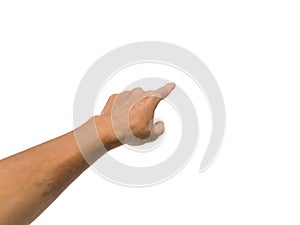 Man hand pointing forward on white background.