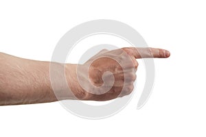 Man hand pointing on something isolated on white