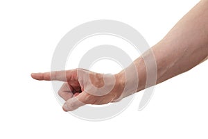 Man hand pointing on something isolated on white