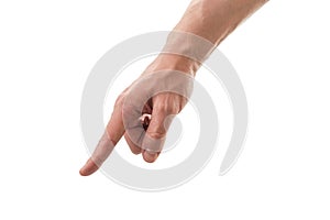 Man hand pointing on something isolated on white