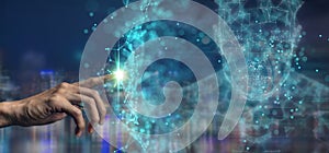 man hand pointing in to futuristic interface network include of artificial intelligenceai, machine deep learning, robot computer