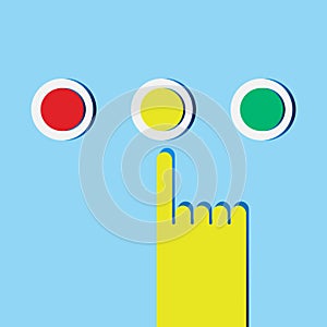 Man hand press red, green, yellow decision button. Decision making.
