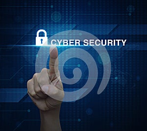 Man hand pressing security text and icon on digital world map te