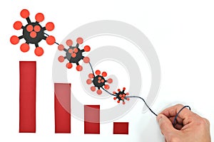 Man hand pulling downward a decreasing bar graph trend of coronavirus covid-19 pandemic cases.