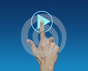 Man hand push start button on touch screen