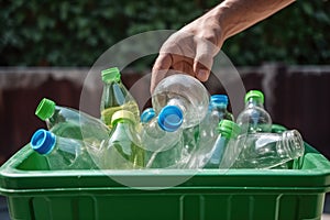 Man hand putting plastic bottle in rubbish bin for recycling