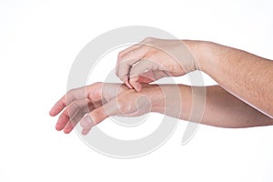 Man hand scratching his hand isolated white background. Medical, healthcare for advertising concept photo