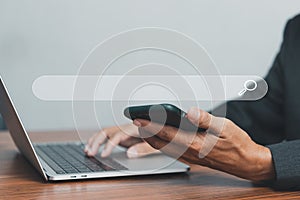 Man hand searching browsing for information internet data Technology on computer keyboard notebook.SEO Search Engine Optimization