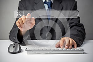 Man hand searching browsing for information internet data Technology on computer keyboard notebook.SEO Search Engine Optimization
