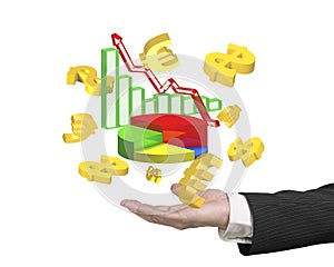 Man hand showing business growth graphs dollar signs euro symbol