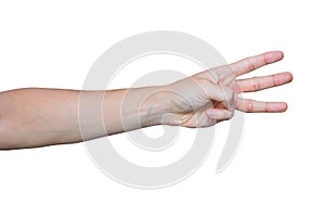Man hand showing three fingers isolated on white background