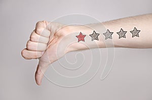 Man hand showing thumbs down and one star rating