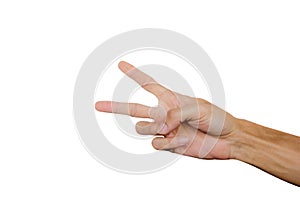 Man hand showing two finger isolated on white background. Clipping path. Hand gesture