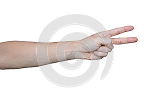 Man hand showing two fingers isolated on white background