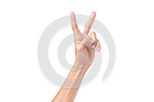 man hand showing two fingers,victory sign gesture on white isolated background,with clipping path